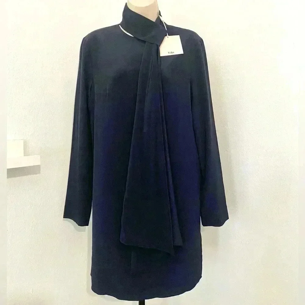 Tibi New Silk Crepe Tie Neck Mini Dress Size 6 Cocktail Party 70s Retro Office